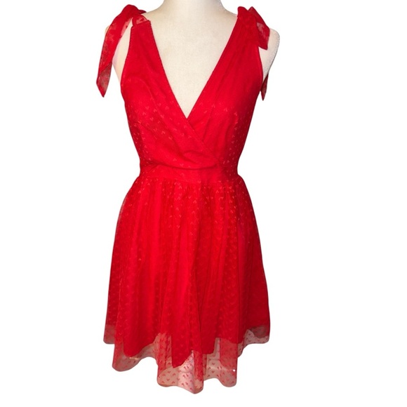 Red Heart Lacey V Neck Mini Valentines Dress Romantic Garden Boho Flirty - Picture 5 of 13
